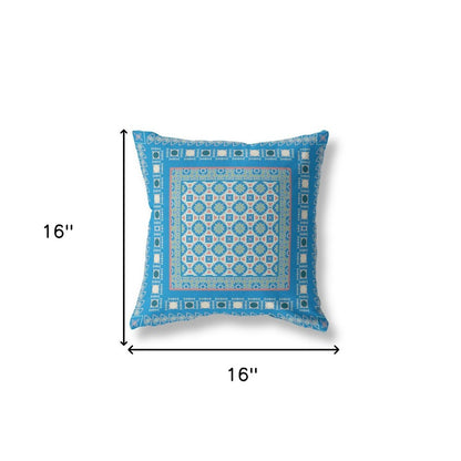 16" X 16" Blue And Pink Zippered Floral Indoor Outdoor Throw Pillow