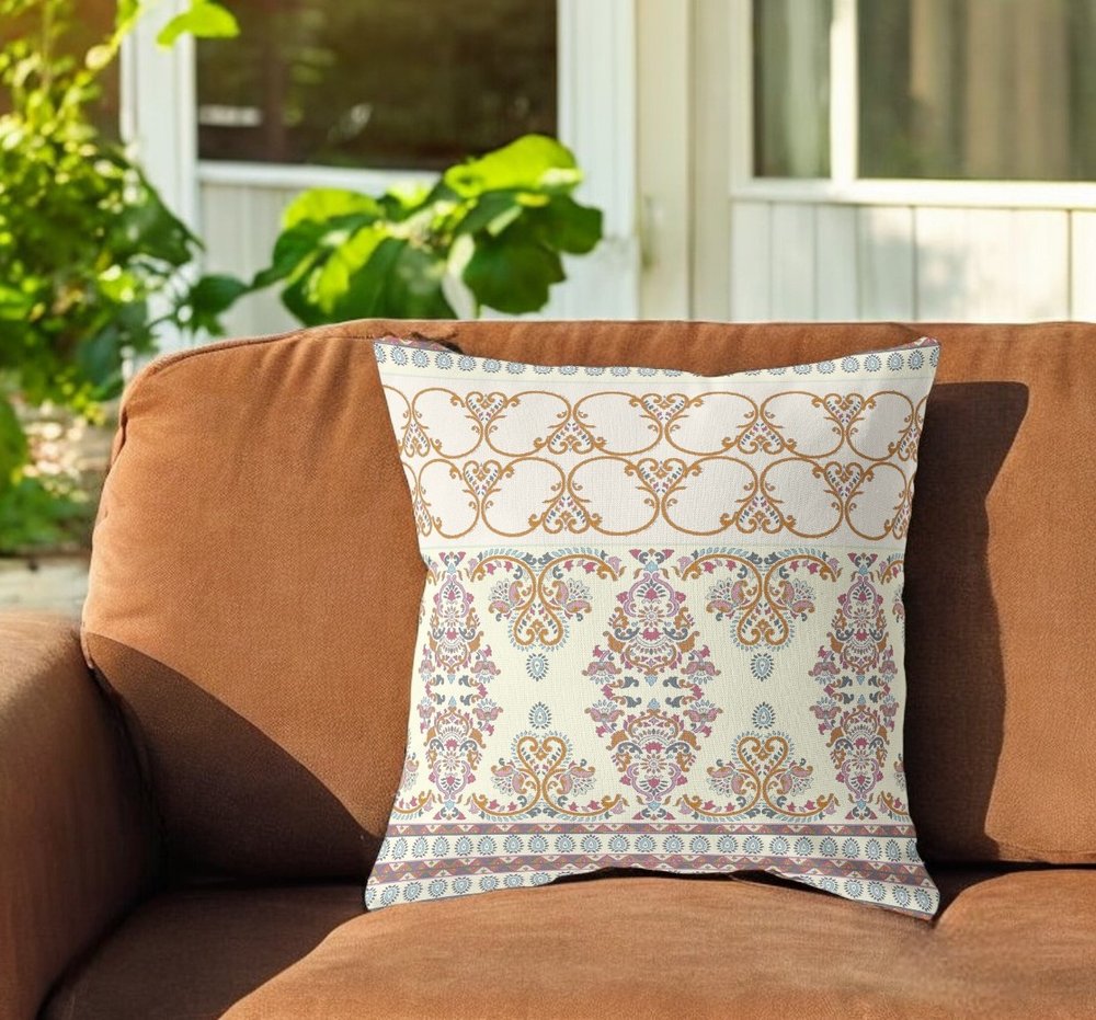 16" X 16" Off White And Orange Zippered Geometric Indoor Outdoor Throw Pillow