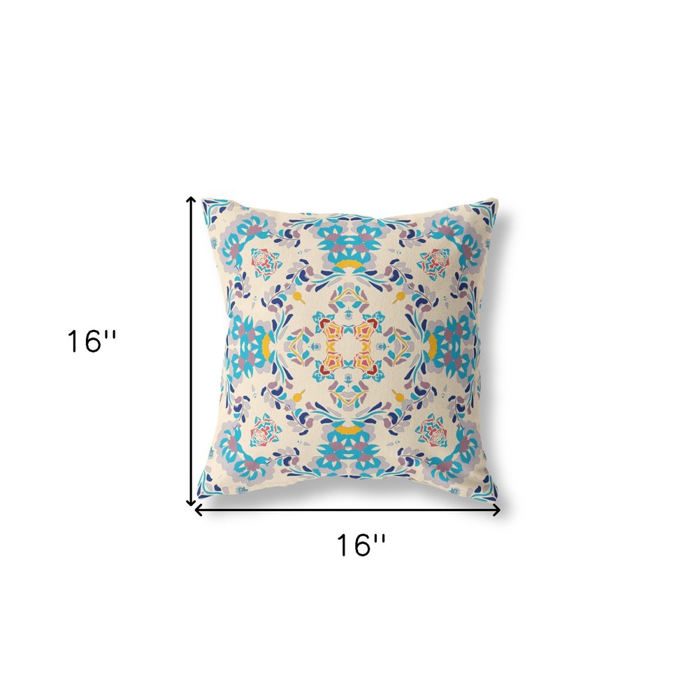 16" X 16" Off White And Blue Zippered Geometric Indoor Outdoor Throw Pillow