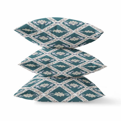 16" X 16" Blue and Gray Geometric Indoor Outdoor Throw Pillow