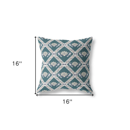 16" X 16" Blue and Gray Geometric Indoor Outdoor Throw Pillow