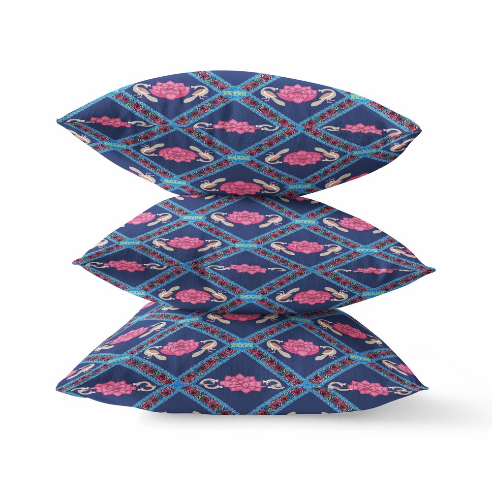 16" X 16" Indigo Geometric Indoor Outdoor Throw Pillow