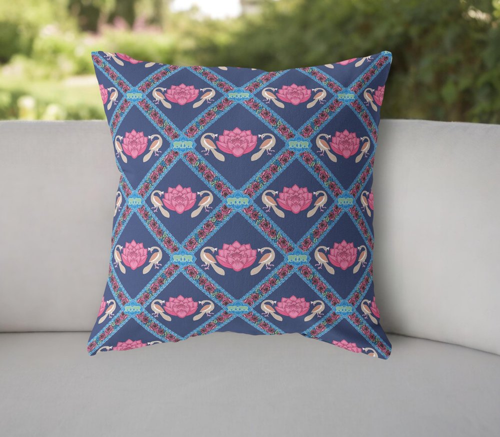 16" X 16" Indigo Geometric Indoor Outdoor Throw Pillow