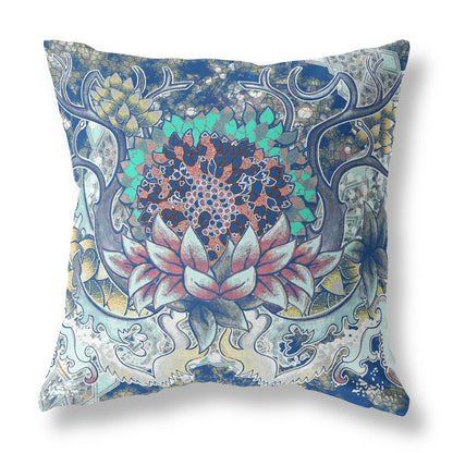 16" X 16" Blue and Yellow Geometric Indoor Outdoor Throw Pillow