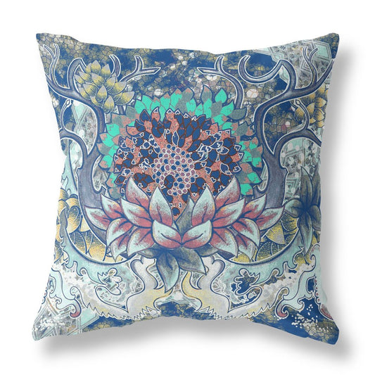 16" X 16" Blue and Yellow Geometric Indoor Outdoor Throw Pillow