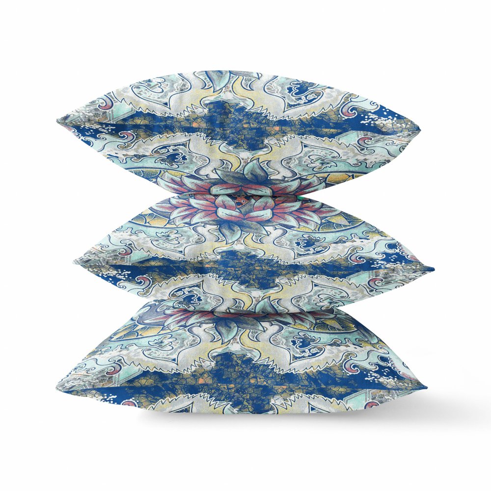 16" X 16" Blue and Yellow Geometric Indoor Outdoor Throw Pillow