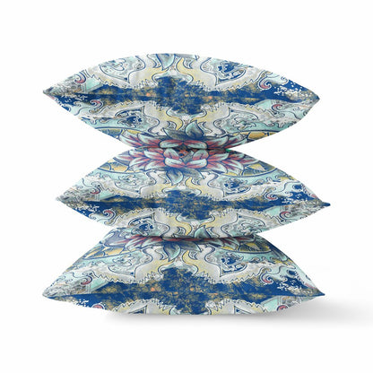 16" X 16" Blue and Yellow Geometric Indoor Outdoor Throw Pillow