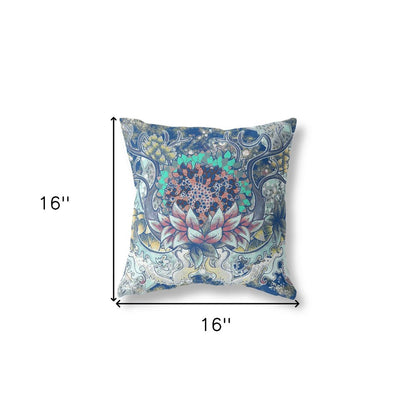 16" X 16" Blue and Yellow Geometric Indoor Outdoor Throw Pillow