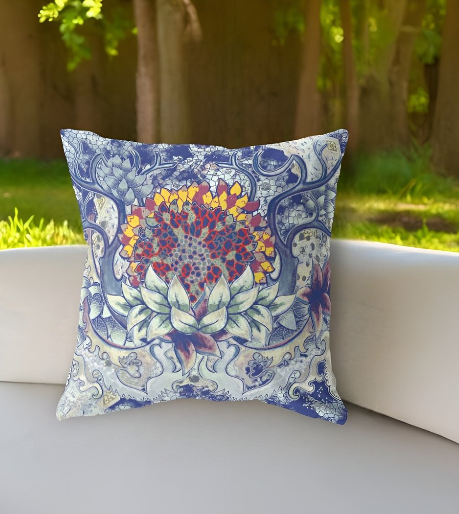 16" X 16" Blue Geometric Indoor Outdoor Throw Pillow