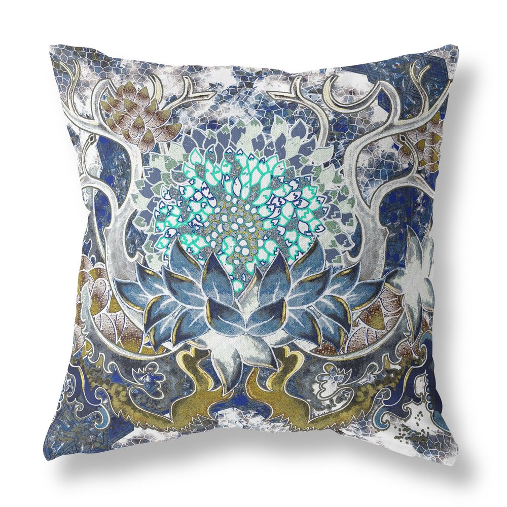 16" X 16" Blue and Green Geometric Indoor Outdoor Throw Pillow