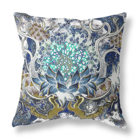 16" X 16" Blue and Green Geometric Indoor Outdoor Throw Pillow