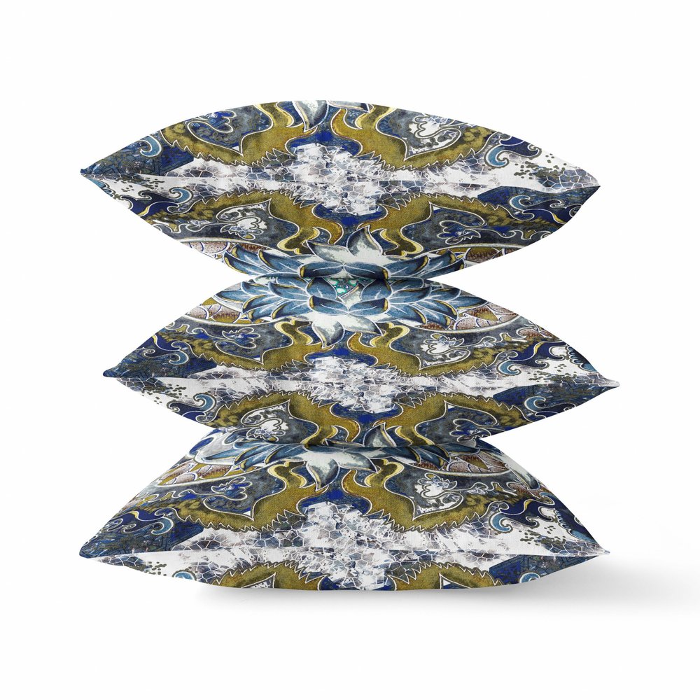 16" X 16" Blue and Green Geometric Indoor Outdoor Throw Pillow