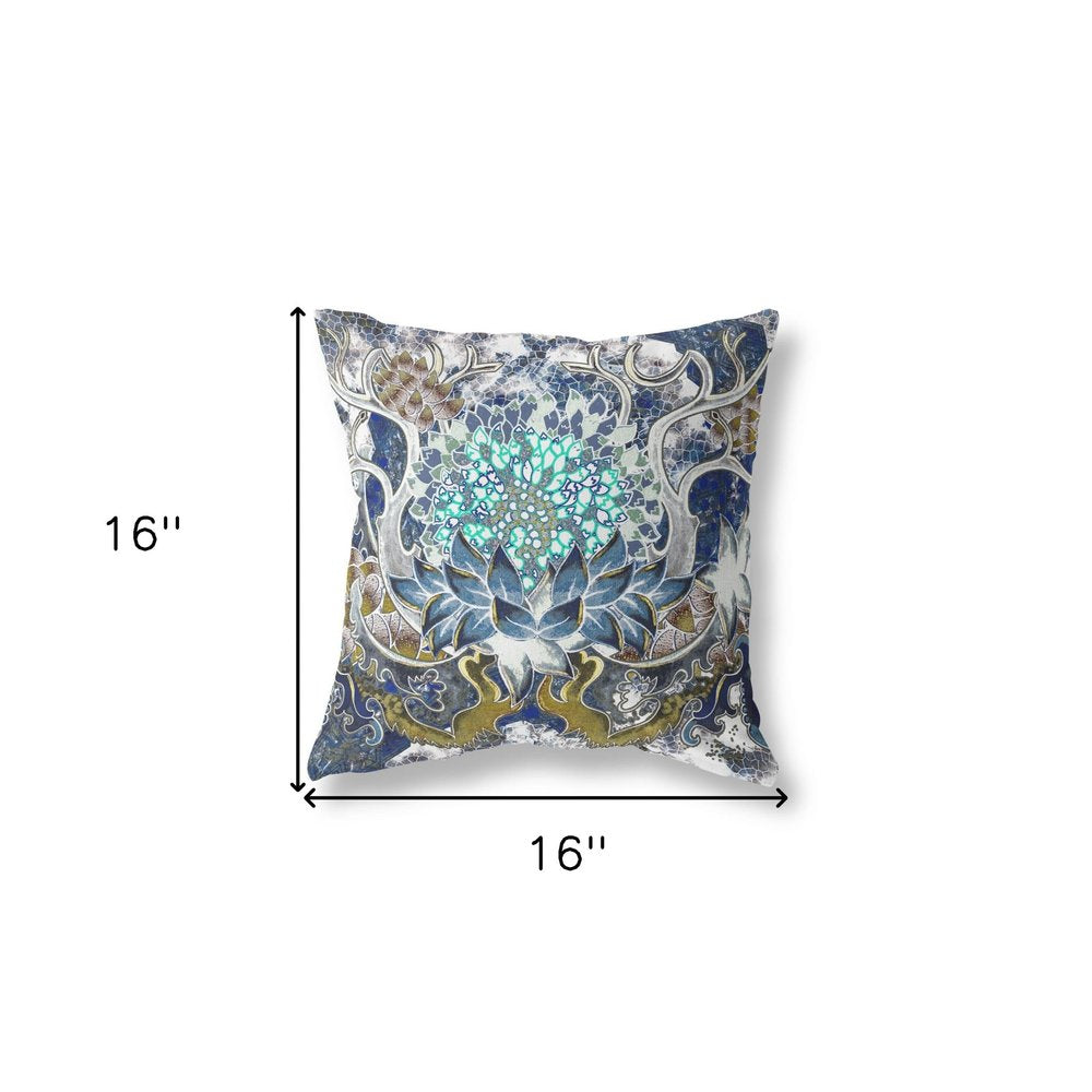16" X 16" Blue and Green Geometric Indoor Outdoor Throw Pillow