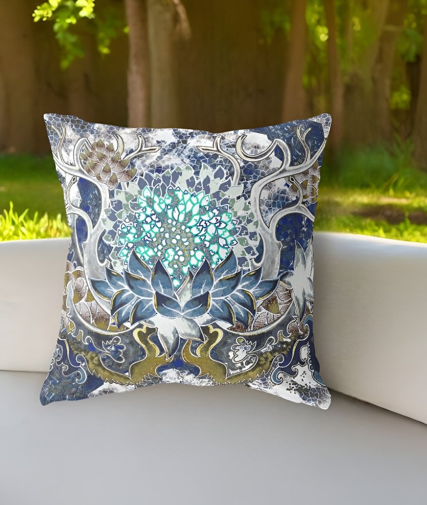 16" X 16" Blue and Green Geometric Indoor Outdoor Throw Pillow