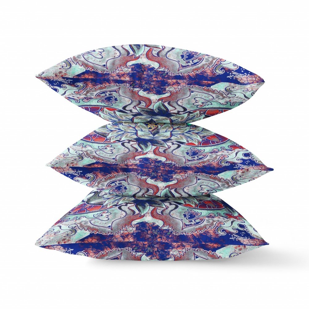 16" X 16" Blue and Green Geometric Indoor Outdoor Throw Pillow