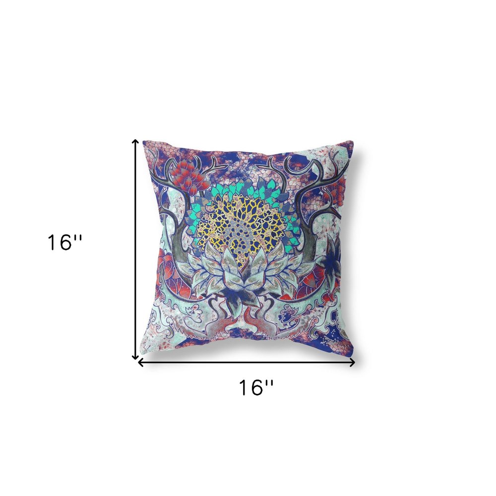 16" X 16" Blue and Green Geometric Indoor Outdoor Throw Pillow