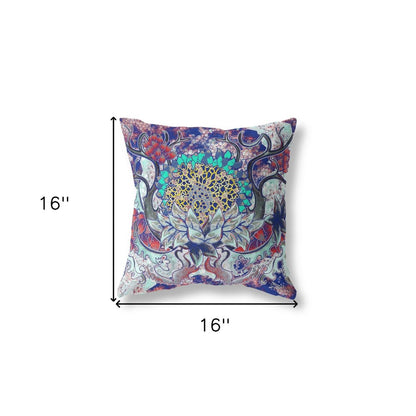 16" X 16" Blue and Green Geometric Indoor Outdoor Throw Pillow