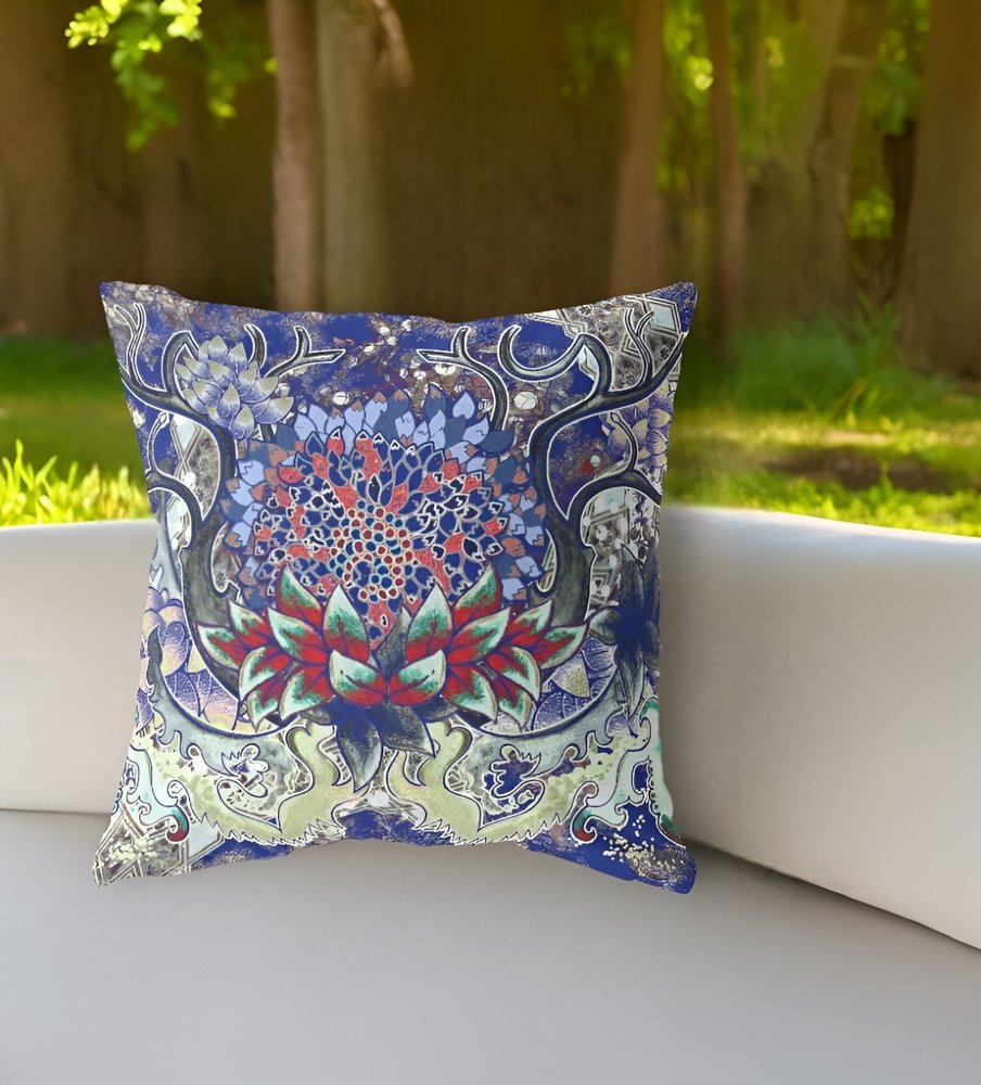 16" X 16" Blue Geometric Indoor Outdoor Throw Pillow