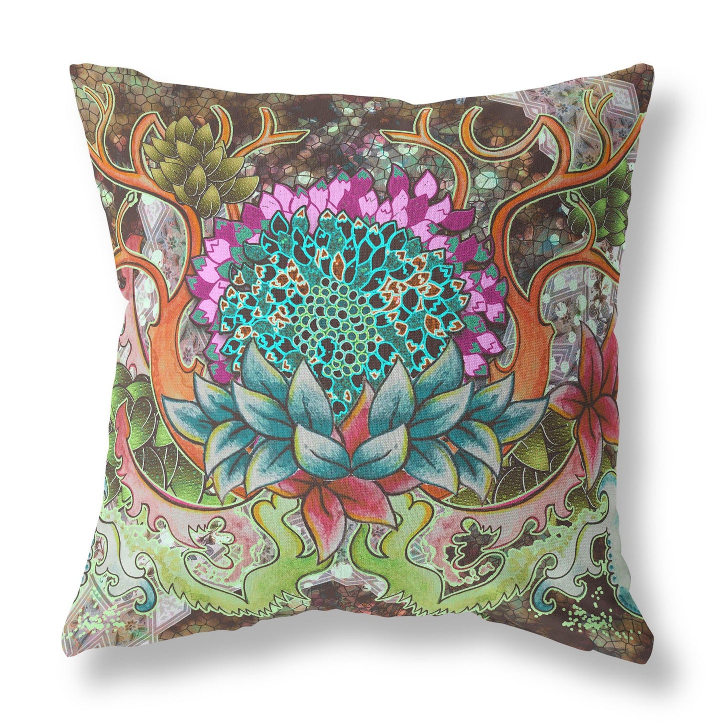 16" X 16" Blue and Green Geometric Indoor Outdoor Throw Pillow