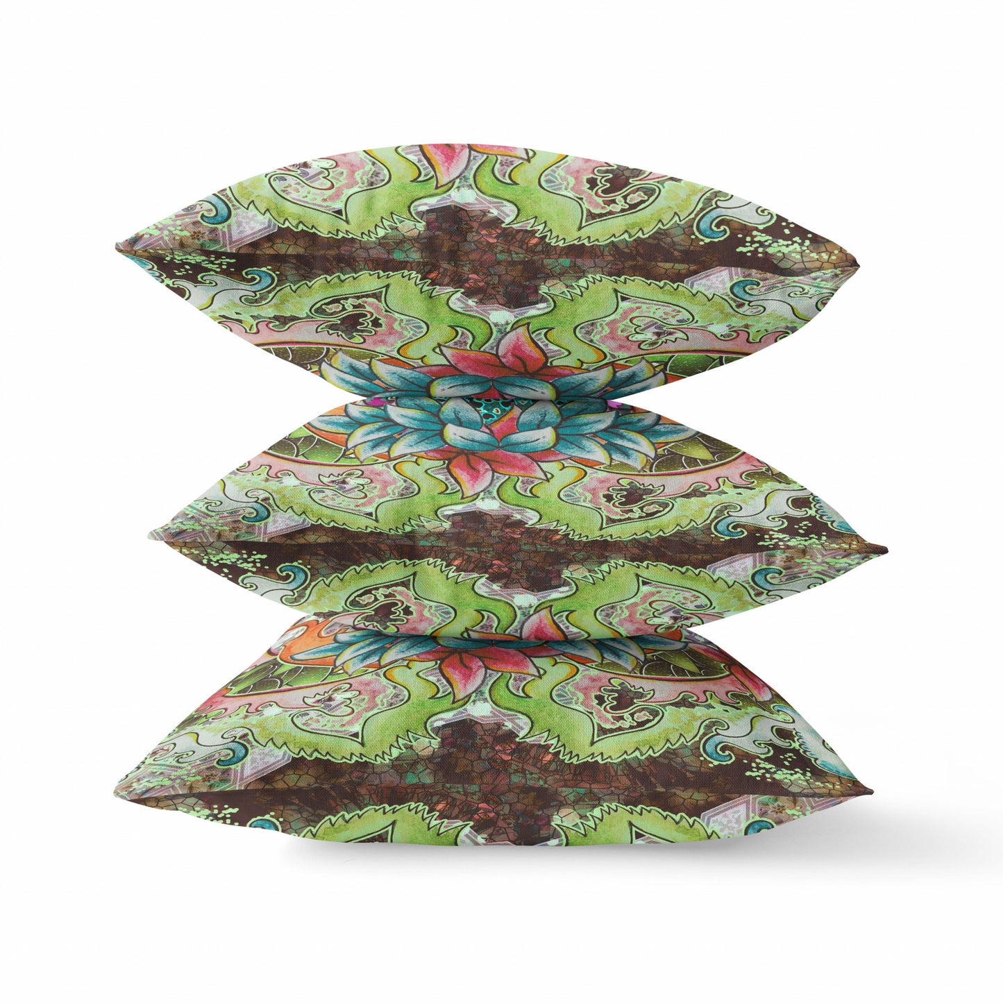 16" X 16" Blue and Green Geometric Indoor Outdoor Throw Pillow