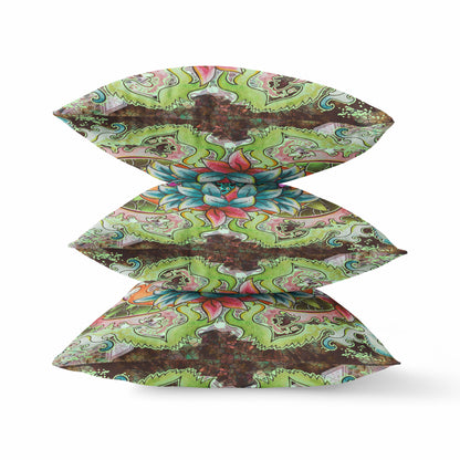 16" X 16" Blue and Green Geometric Indoor Outdoor Throw Pillow