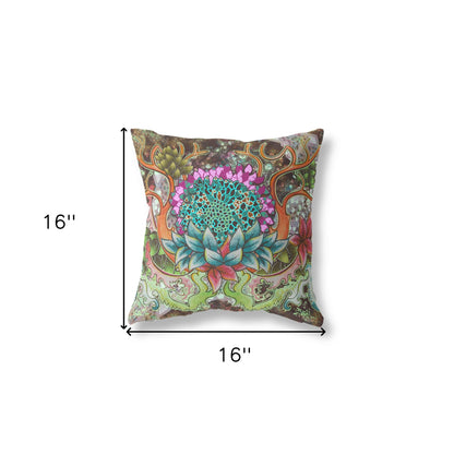 16" X 16" Blue and Green Geometric Indoor Outdoor Throw Pillow