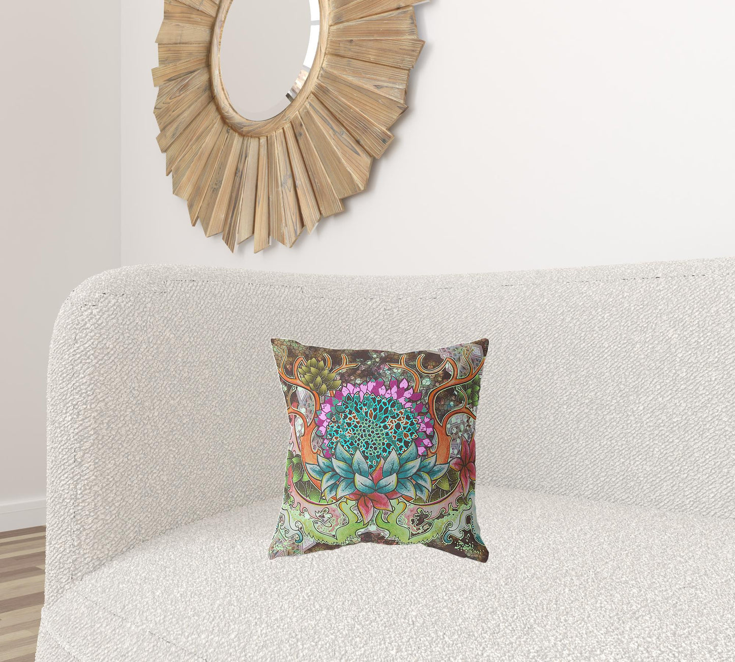 16" X 16" Blue and Green Geometric Indoor Outdoor Throw Pillow