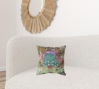 16" X 16" Blue and Green Geometric Indoor Outdoor Throw Pillow