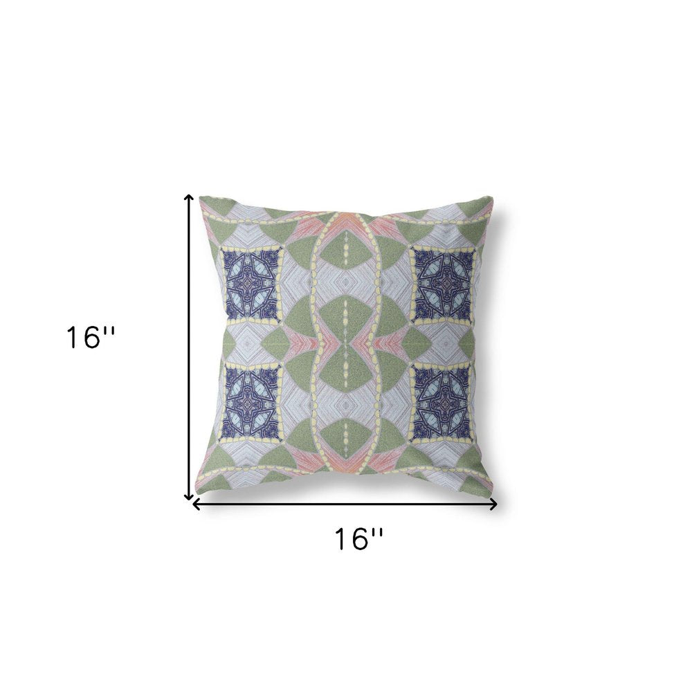 16" X 16" Green Geometric Indoor Outdoor Throw Pillow