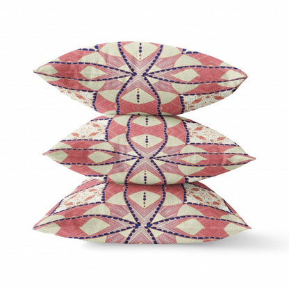 16" X 16" Red and White Geometric Indoor Outdoor Throw Pillow