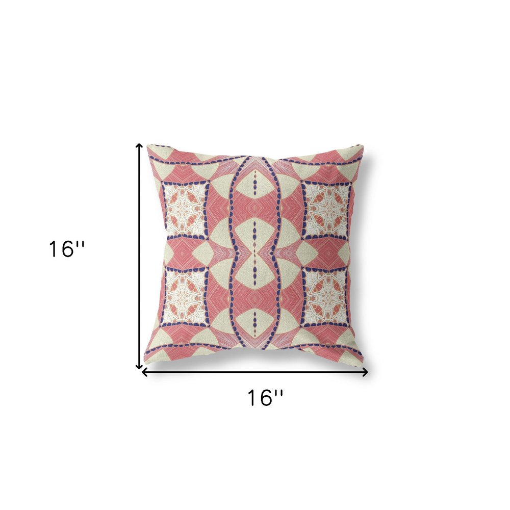 16" X 16" Red and White Geometric Indoor Outdoor Throw Pillow