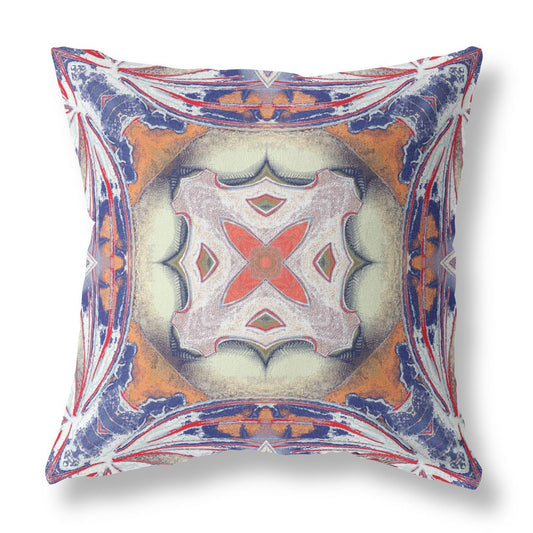 16" X 16" Blue and White Geometric Indoor Outdoor Throw Pillow