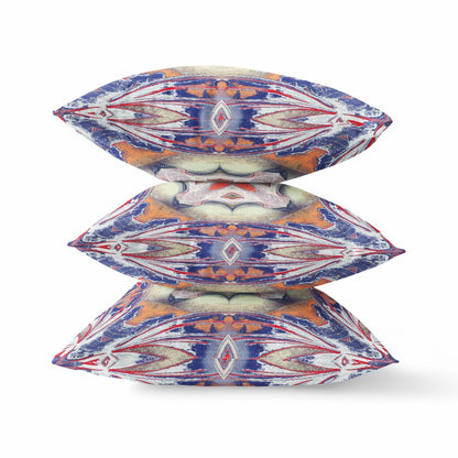 16" X 16" Blue and White Geometric Indoor Outdoor Throw Pillow