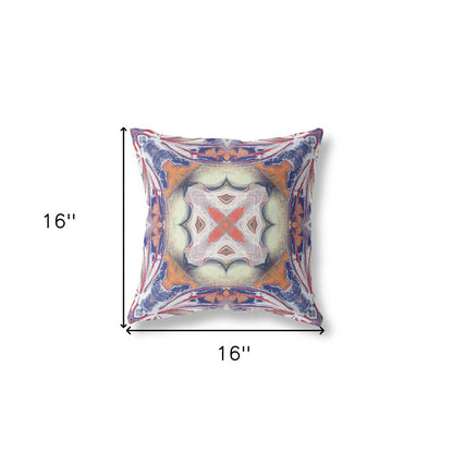 16" X 16" Blue and White Geometric Indoor Outdoor Throw Pillow