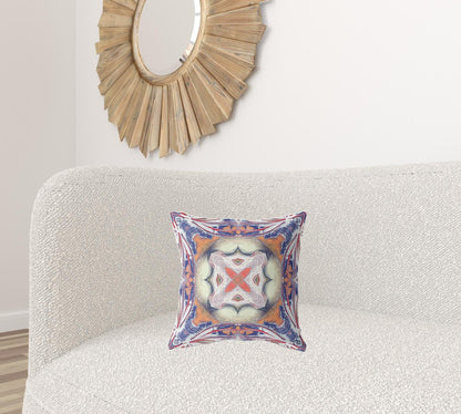 16" X 16" Blue and White Geometric Indoor Outdoor Throw Pillow
