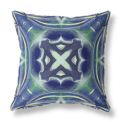 16" X 16" Blue and Green Geometric Indoor Outdoor Throw Pillow