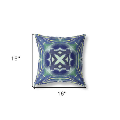 16" X 16" Blue and Green Geometric Indoor Outdoor Throw Pillow