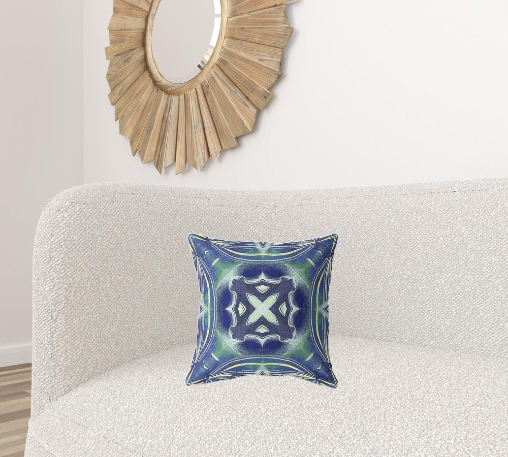 16" X 16" Blue and Green Geometric Indoor Outdoor Throw Pillow