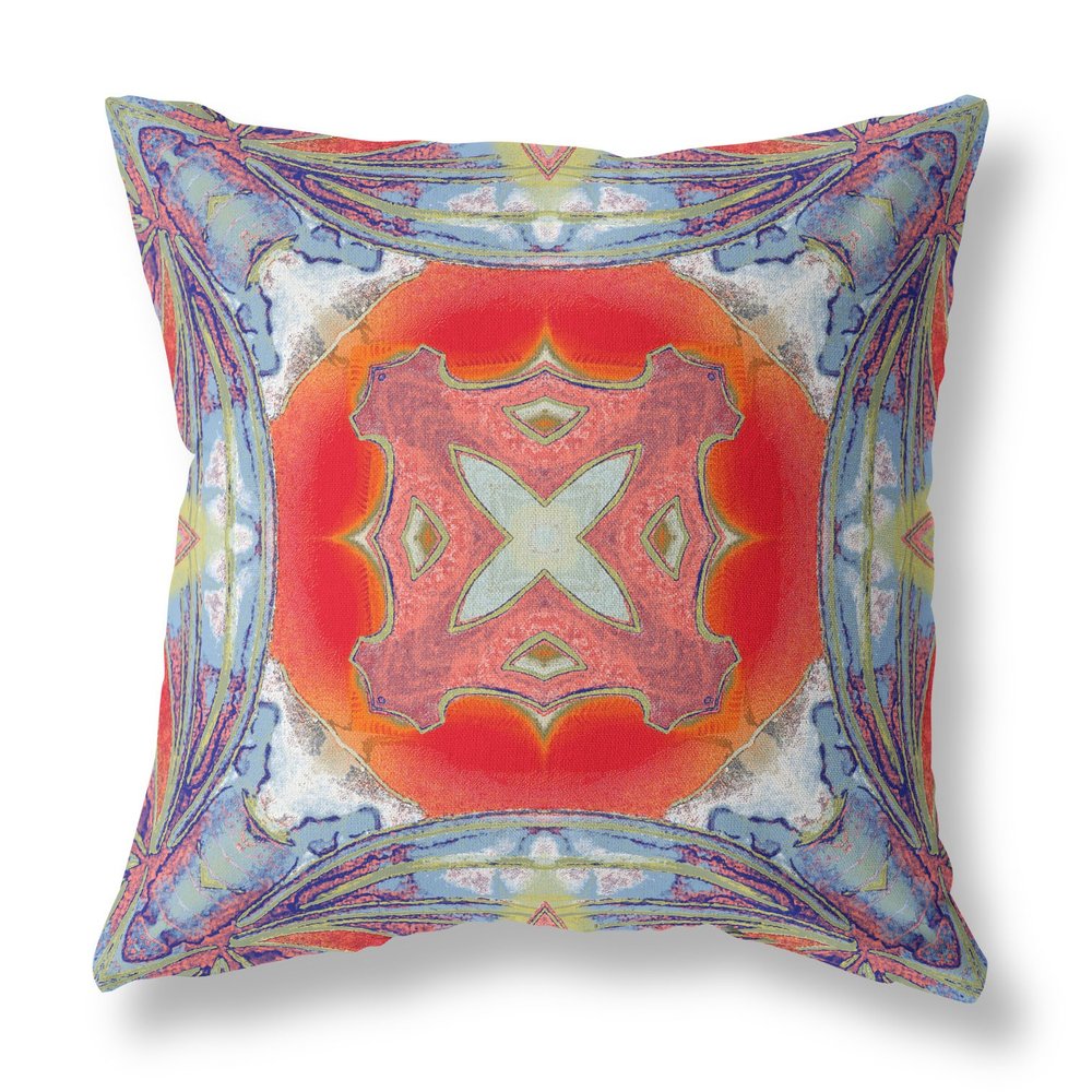 16" X 16" Blue and Orange Geometric Indoor Outdoor Throw Pillow