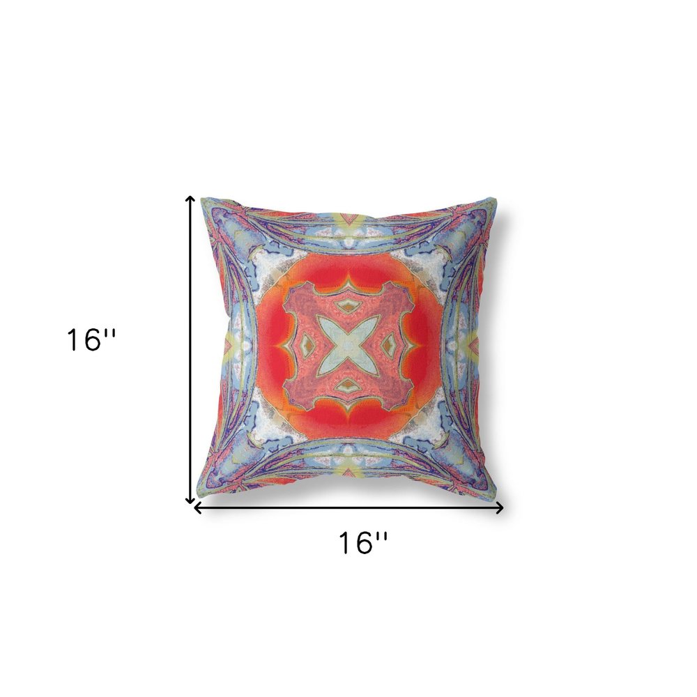 16" X 16" Blue and Orange Geometric Indoor Outdoor Throw Pillow