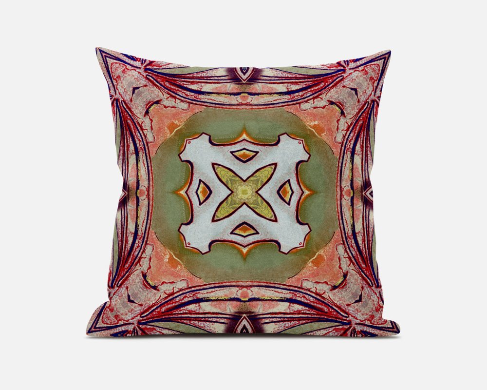 16" X 16" Peach And Green Zippered Geometric Indoor Outdoor Throw Pillow