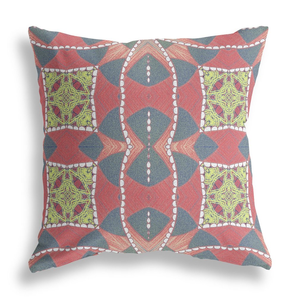 16" X 16" Red And Gray Blown Seam Geometric Indoor Outdoor Throw Pillow