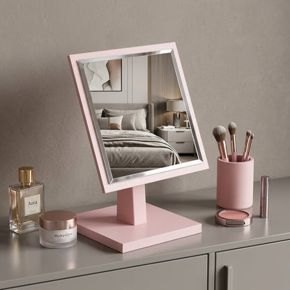 9" Pink Wood Square Freestanding Framed Makeup Shaving Tabletop Mirror