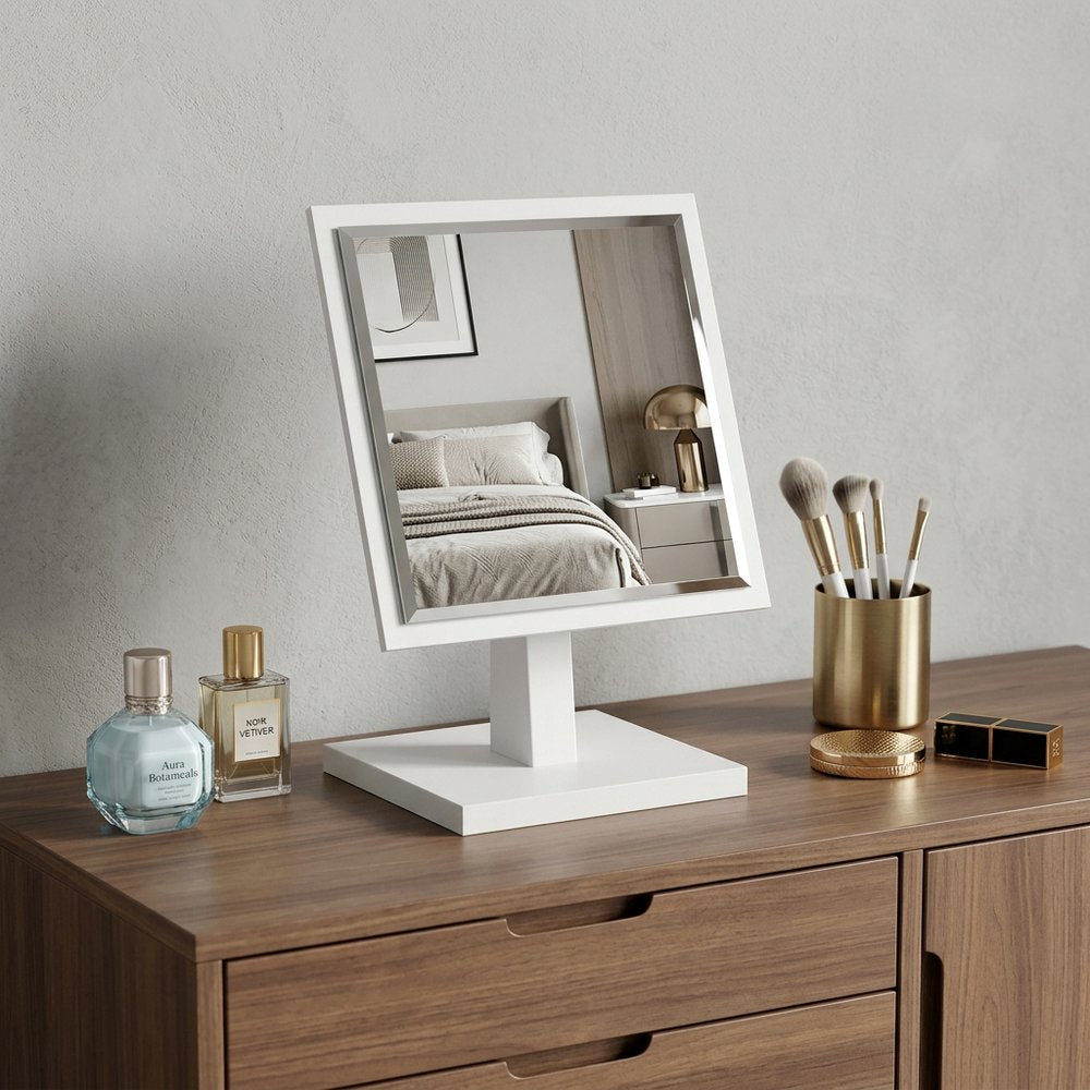 9" White Wood Square Freestanding Framed Makeup Shaving Tabletop Mirror