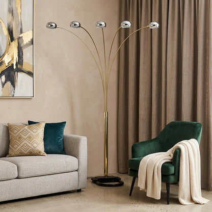 84" Gold Five Light Arc Floor Lamp With Brass Metal Dome Shade