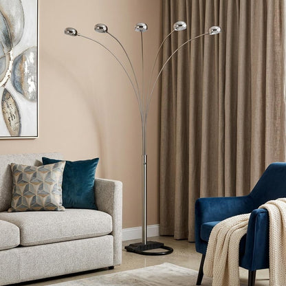 84" Gold Five Light Arc Floor Lamp With Brass Metal Dome Shade