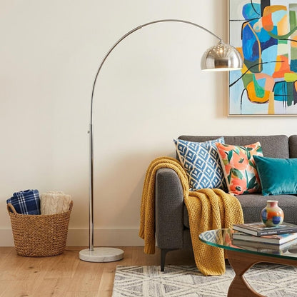 85" White Metal Arched Floor Lamp With Silver Metal Dome Shade