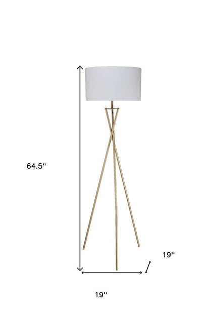 65" Gold And White Tripod Floor Lamp With White Fabric Drum Shade