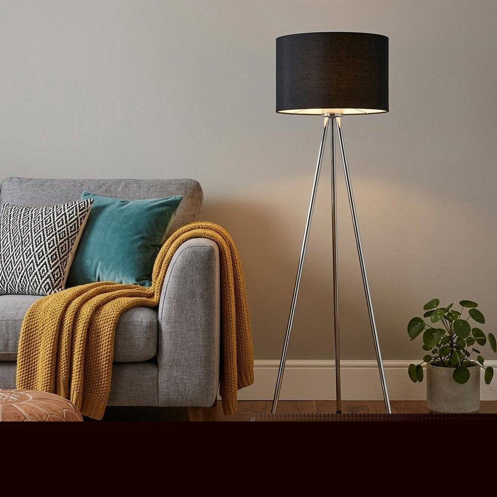 59" Silver Tripod Floor Lamp With Black Fabric Drum Shade