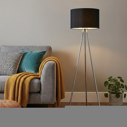 59" Silver Tripod Floor Lamp With Black Fabric Drum Shade